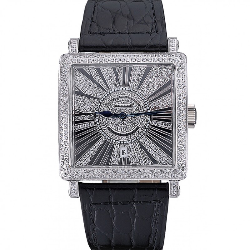 Diamanti Franck Muller Maestro Piazza Quadrante diamanti cassa nera della fascia di cuoio 622358