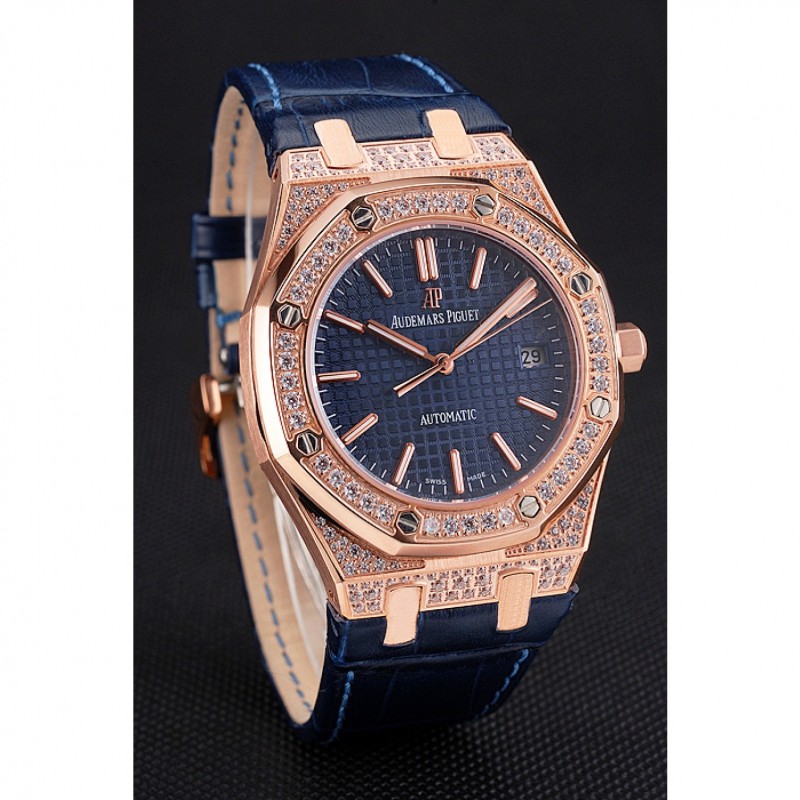 Svizzera Audemars Piguet Royal Oak Quadrante Blu cassa in oro con diamanti blu cinturino in pelle